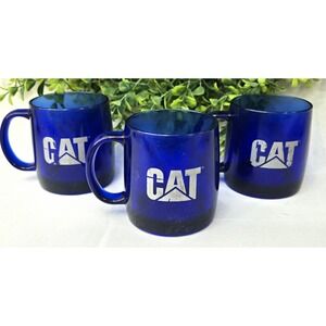 Lot of 3 Vintage Caterpillar Cobalt Blue Glass Coffee Mugs CAT Machines USA Made